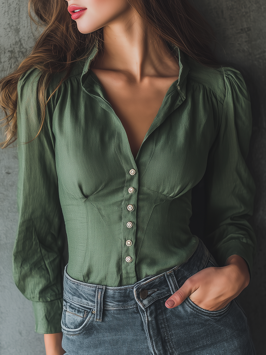 Retro V-Neck Slim Fit Cotton Linen Long-sleeved Blouse - Fashionpara