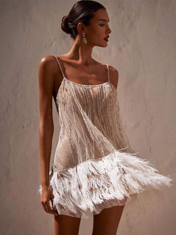 Backless Sequin Fringe Layered Mesh Party Dress - Fashionpara