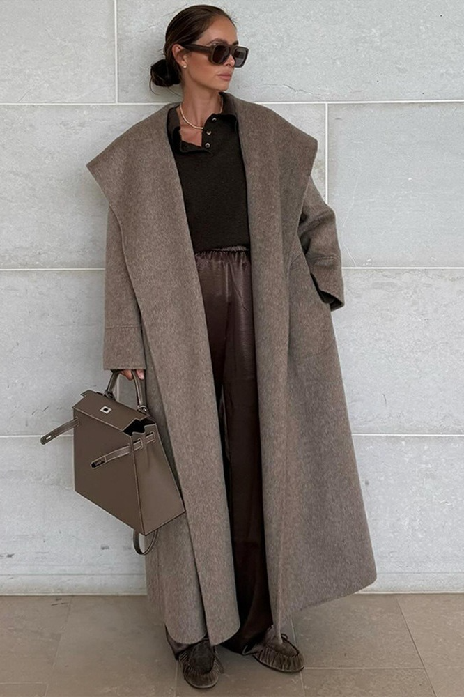 Wool Wide Lapel Cinched Waist Long Overcoat - Fashionpara