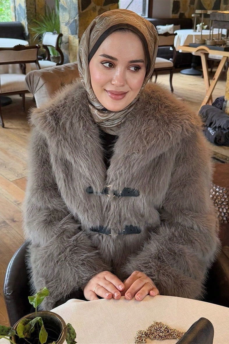 Toggle Front Wide Collar Faux Fur Coat 2