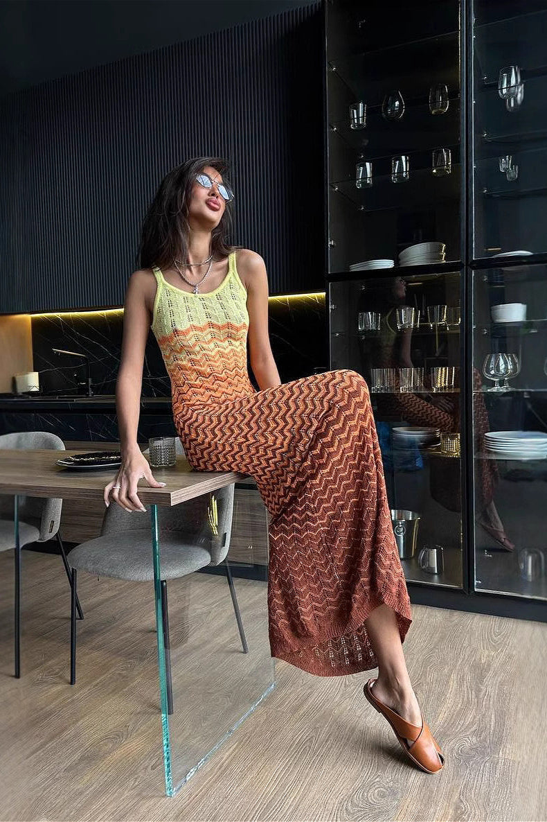 Chevron Knit Scoop Neck Sleeveless Maxi Dress