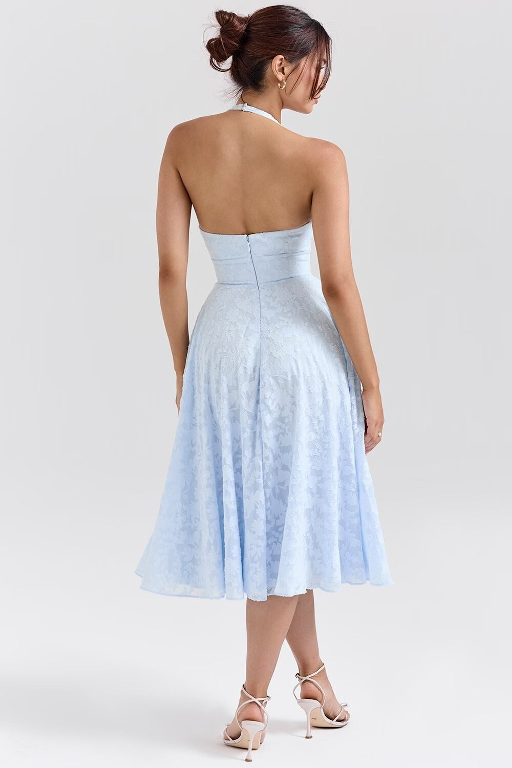 Textured Halter Neck Deep V Fit & Flare Midi Dress 3