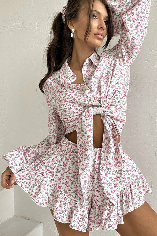 Long Sleeve Floral Collar Flip Shirt Ruffled Shorts Two Piece Set