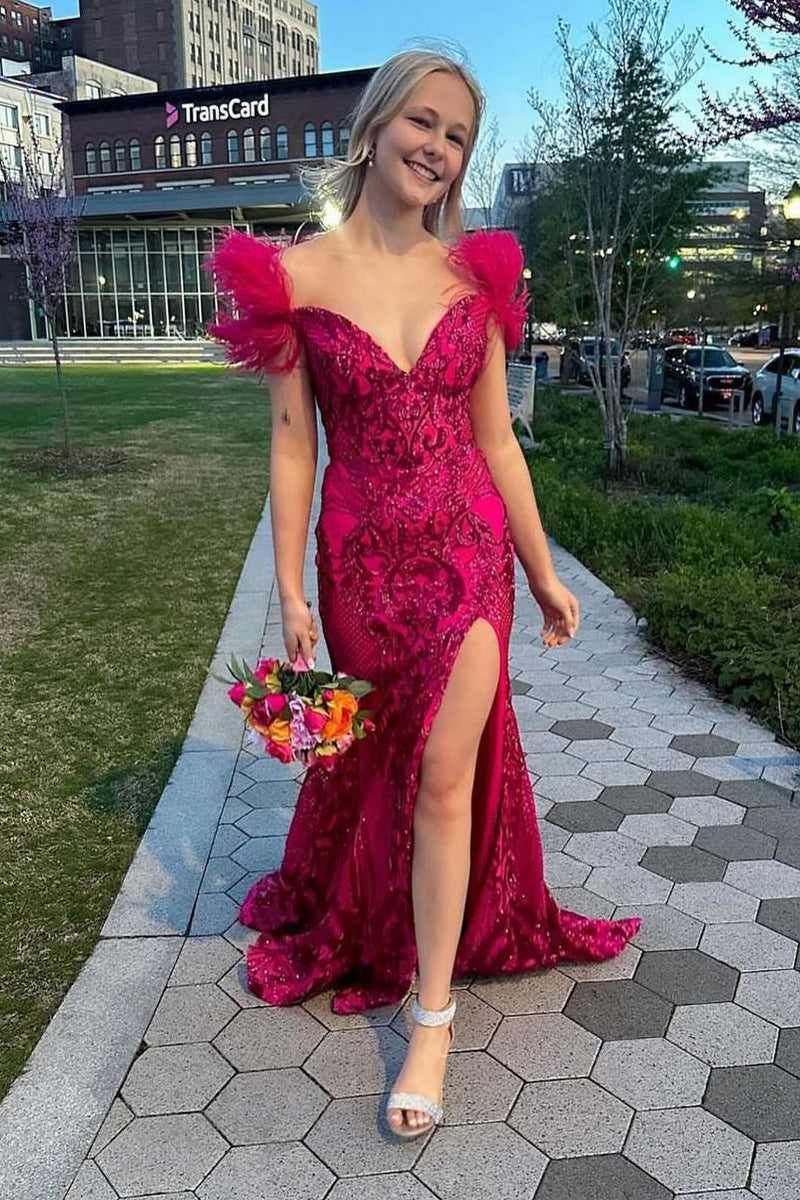 Sweetheart Sheath Prom Dress Sleeveless Slit Feather Evening Dress with Train