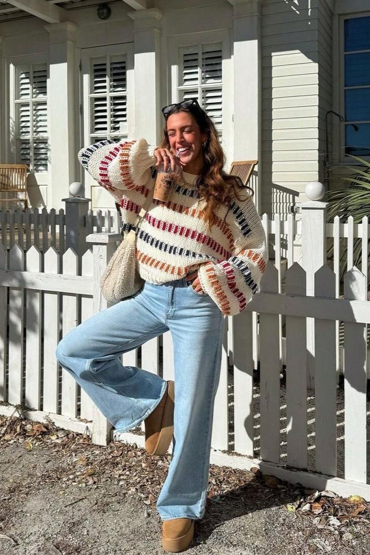 Open Knit Multicolor Stripe Sweater