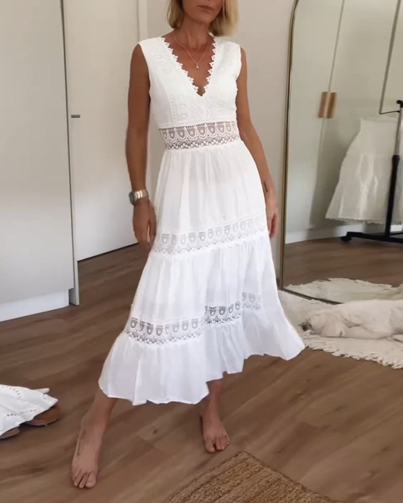 Lace Trim V-Neck Sleeveless Lace Waist Tiered Ruffle Midi Dress