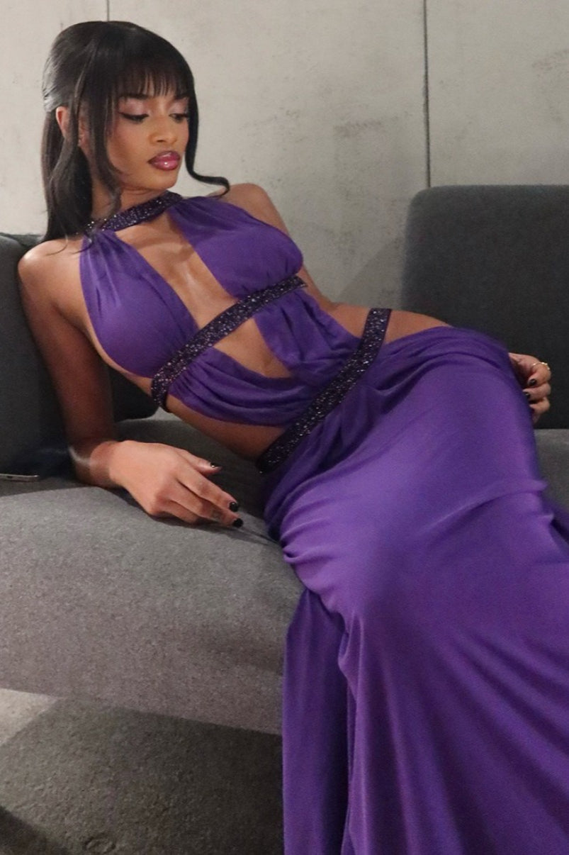 Halter Neck Plunge Embellished Cutout Maxi Dress 4