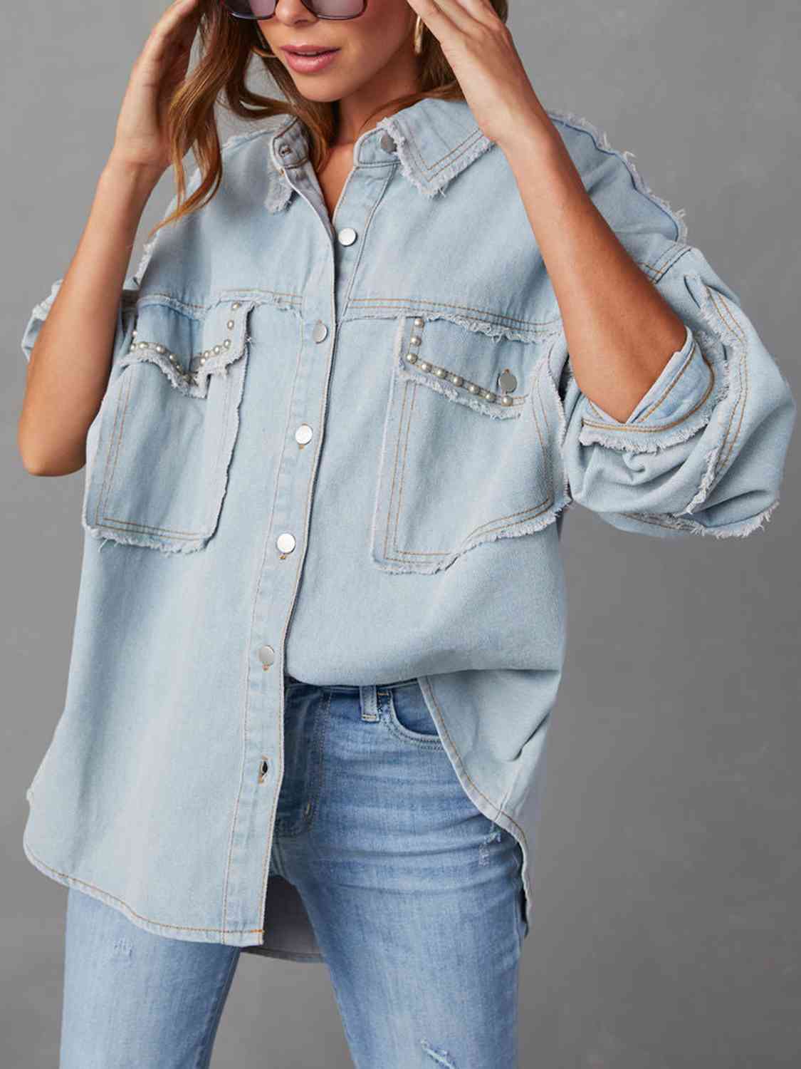 Long Raw Down Arm Denim Top Hem Button Jacket 6