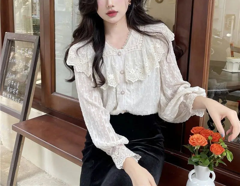 Lace Ruffle Edge Long Sleeve Blouse Sweet Blouse