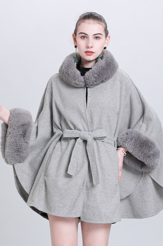 Fur Collar Tie Knitted Cardigan Loose Wool Blend Cape Coat
