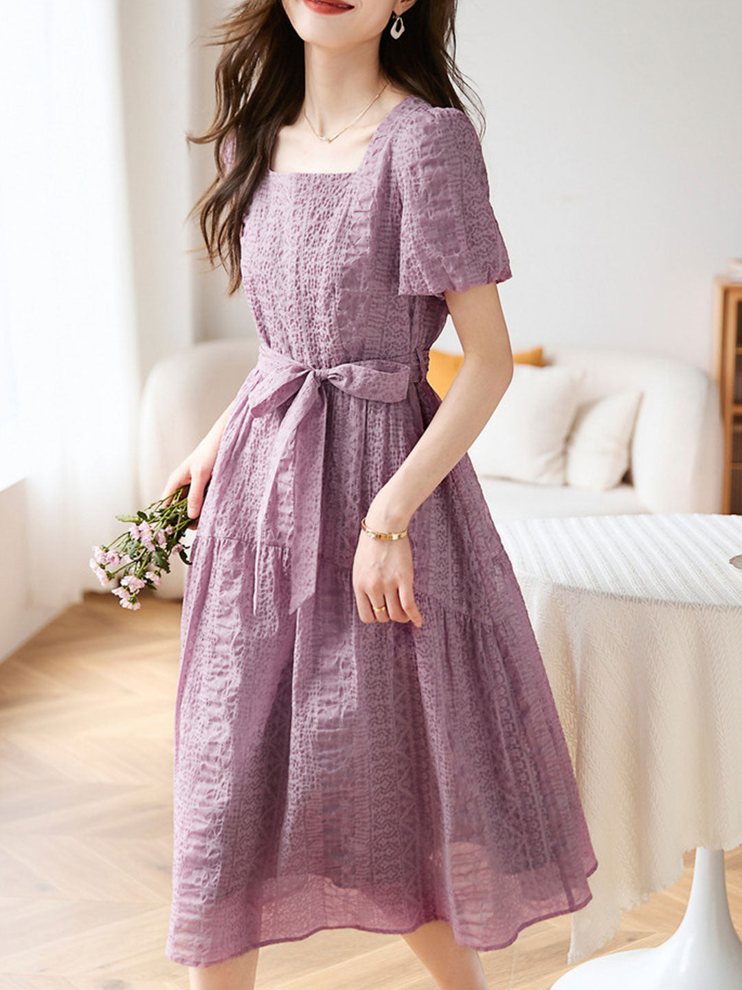 Square Neck Short Sleeve Tie Belt Tiered A-Line Midi Dress