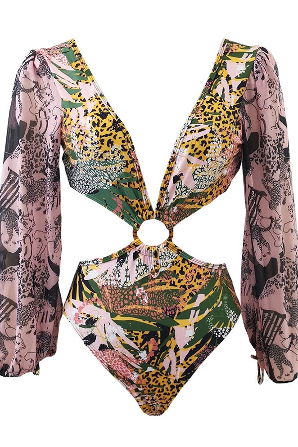 Leopard Print Puff Sleeve Hollow One-Piece Swimsuit - Fashionpara