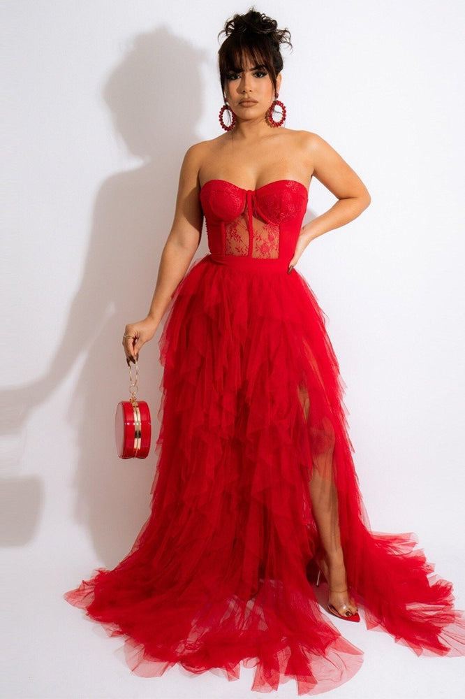 Sheer Lace Bustier Strapless Tulle A-Line Formal Gown - View 3