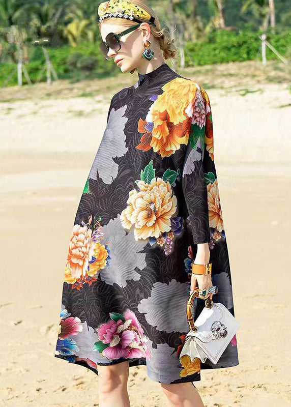 Floral Print Mock Neck Long Sleeve Crinkled Texture A-Line Midi Dress - View 3