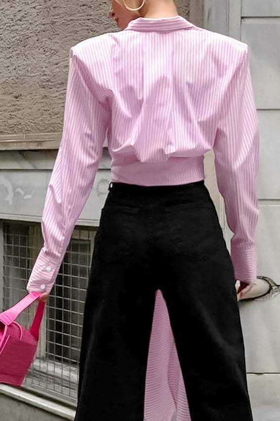 Striped Long Tie Neck Blouse - Fashionpara