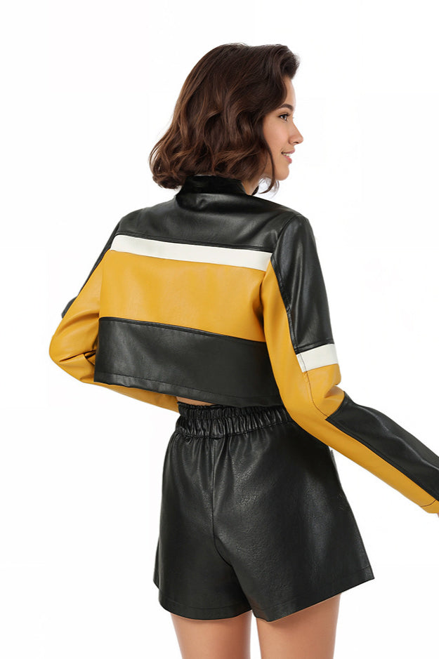 Color-Block PU Leather Biker Jacket 4