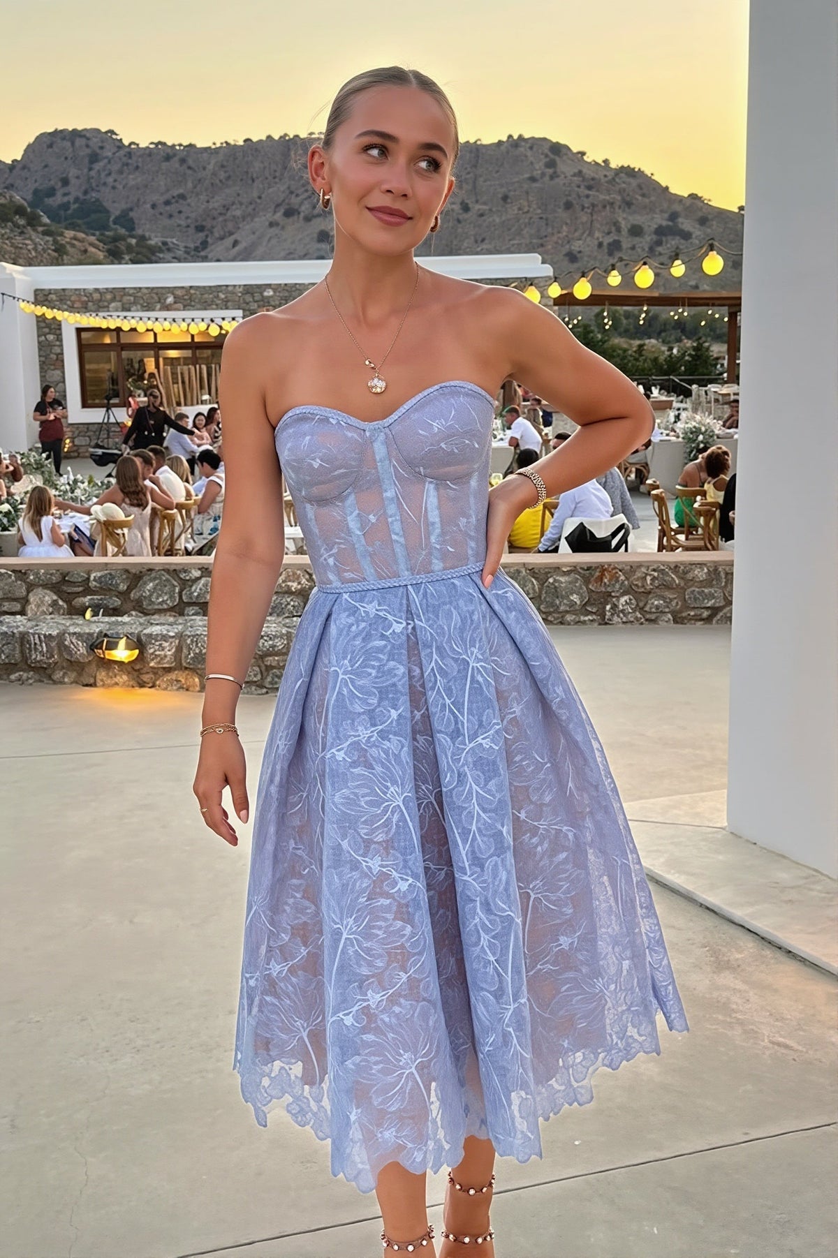 Lace Strapless Corset Sweetheart A-Line Midi Dress