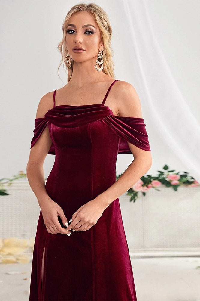 Velvet Off Shoulder Sling Split Maxi Evening Velvet Dress - Fashionpara