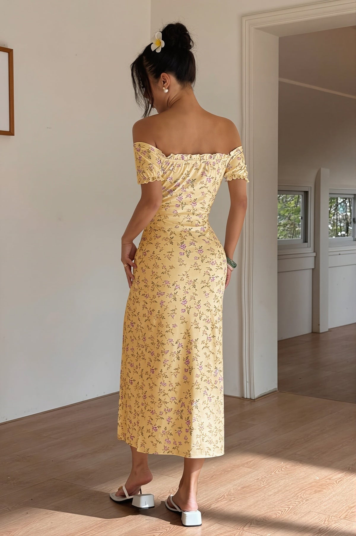 Floral Off Shoulder Puff Sleeve High Split Midi Dress 7
