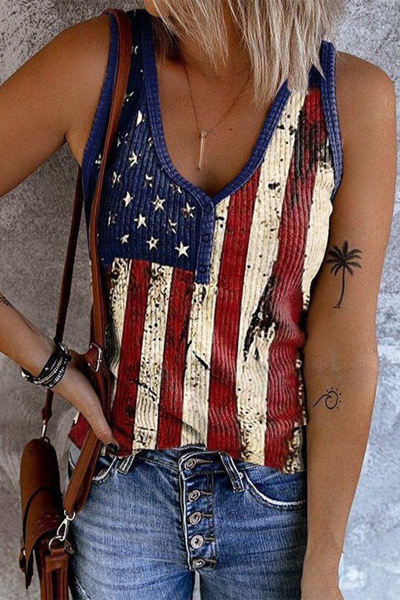 Flag Print Button Notched Neck Tank Fashionpara