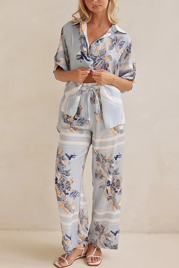 Fashionable Plant Print Loose Lapel Short Sleeve Shirt and Casual Elastic Waist Pocket Pants Set - Fashionpara
