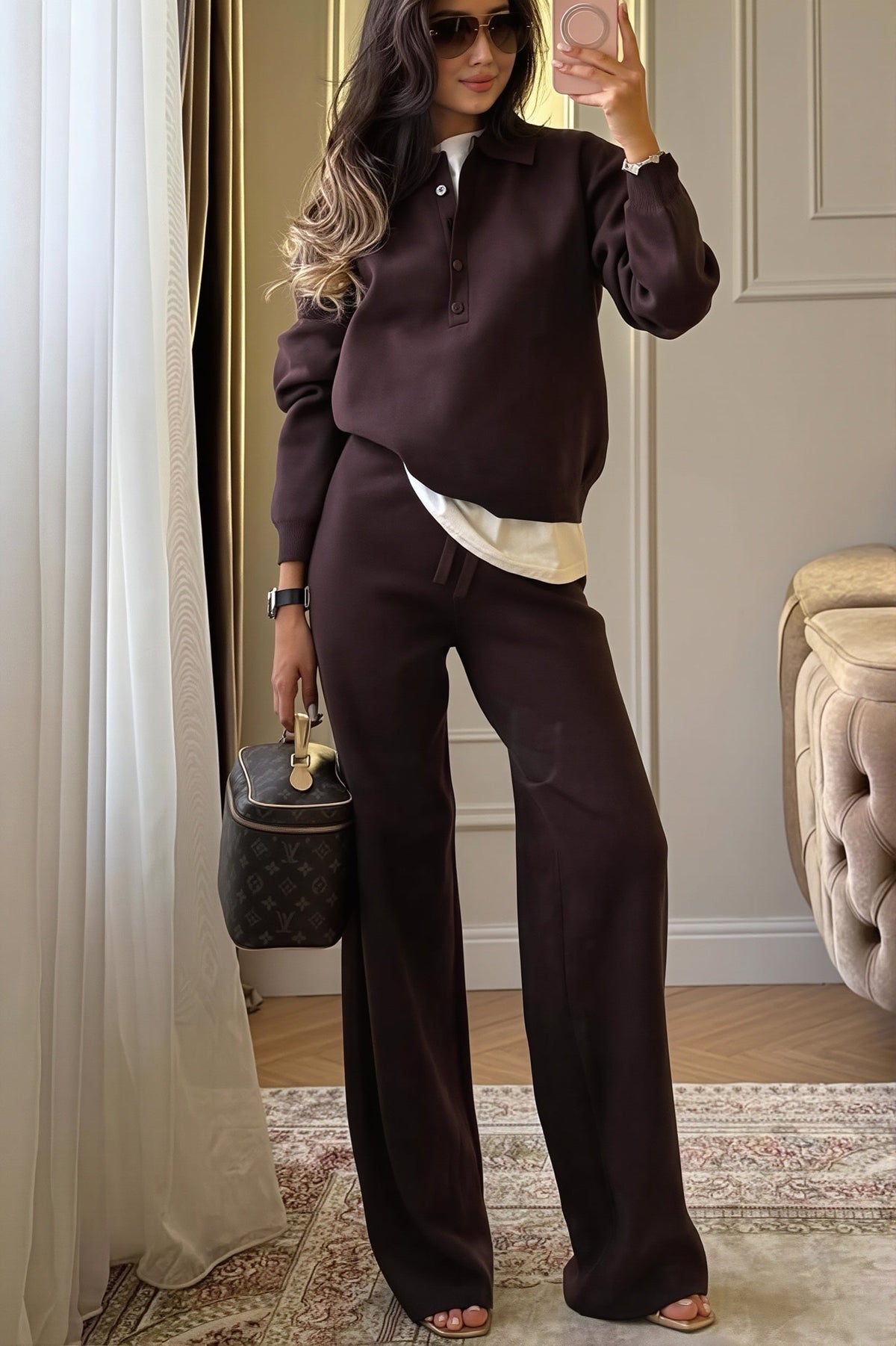 Knit Polo Pullover and Wide Leg Pants Set