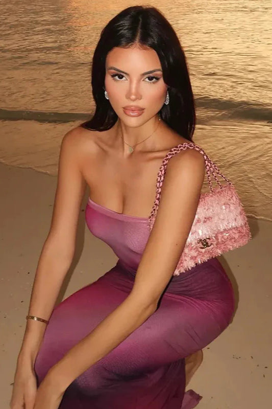 Gradient Print Strapless Bodycon Maxi Dress