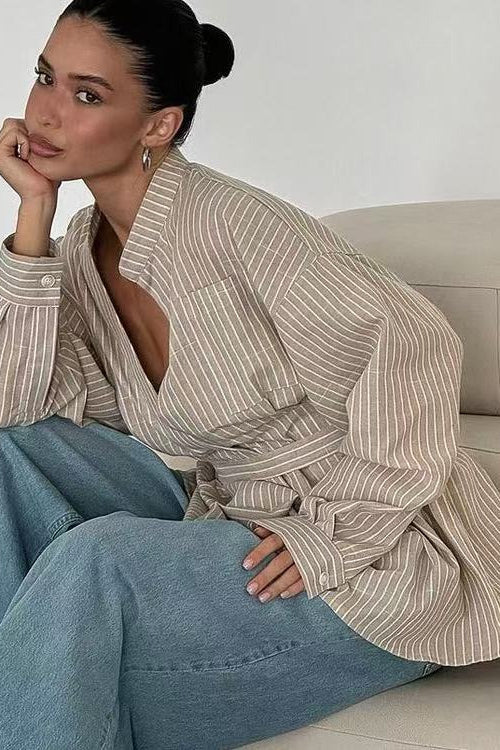 Striped V Neck Irregular Tie Waist Long Sleeve Blouse