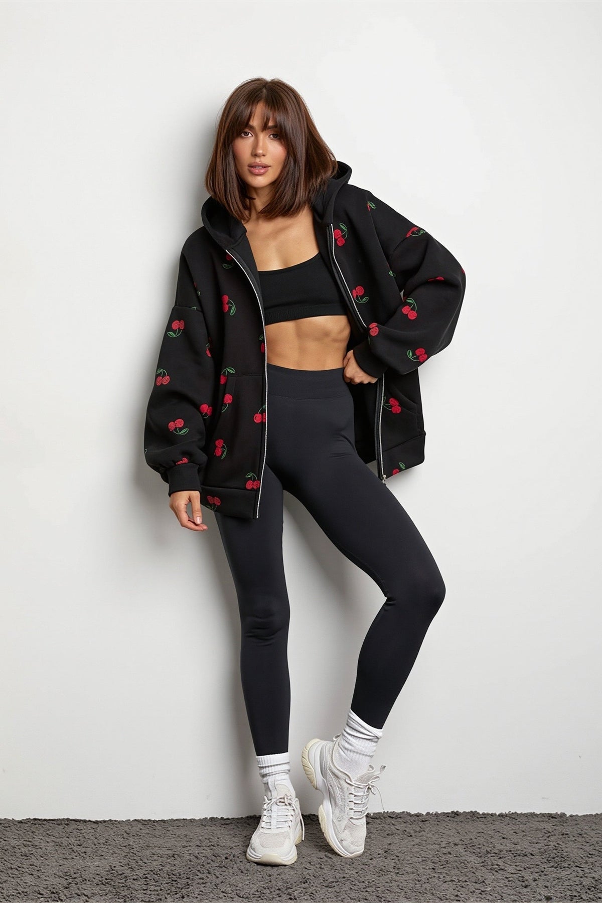 Cherry Print Zip Front Hoodie