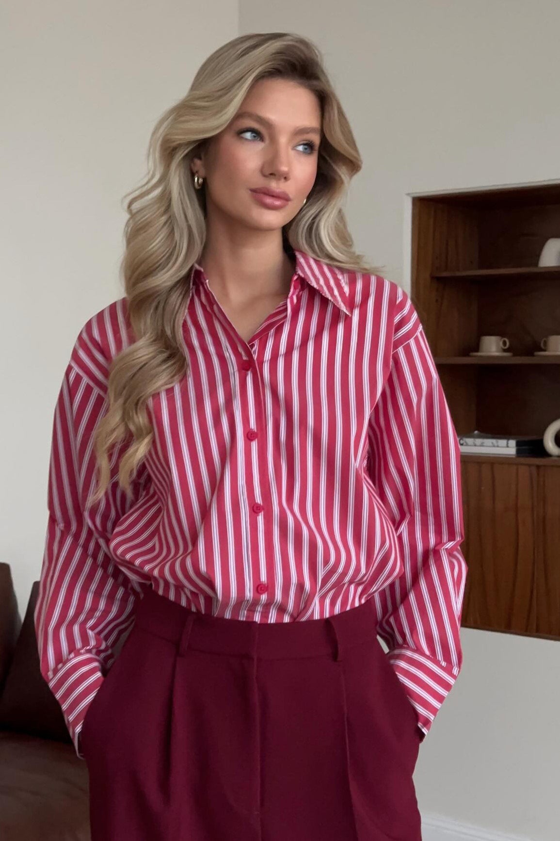 Red Striped Long Sleeve Distinctive British Blouse