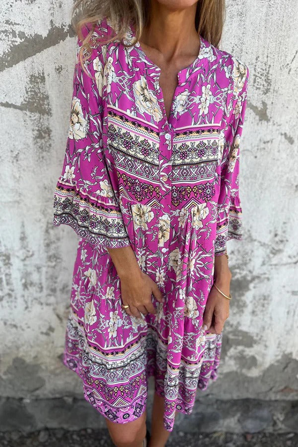 Ethnic Floral Print V-neck Loose Pocket Mini Dress - Fashionpara