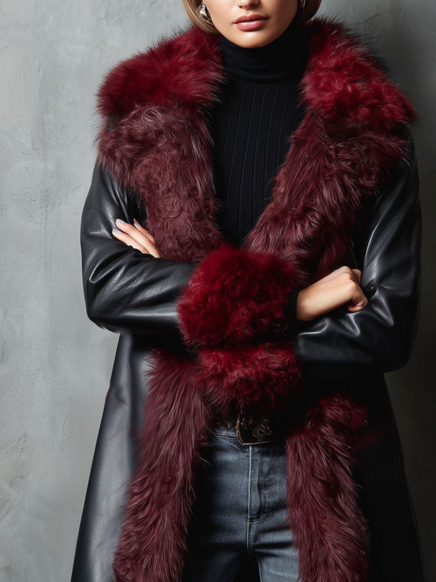 Black And Burgundy Eco Leather Long Coat With Plush Eco Fur Trim & Lining - Fashionpara