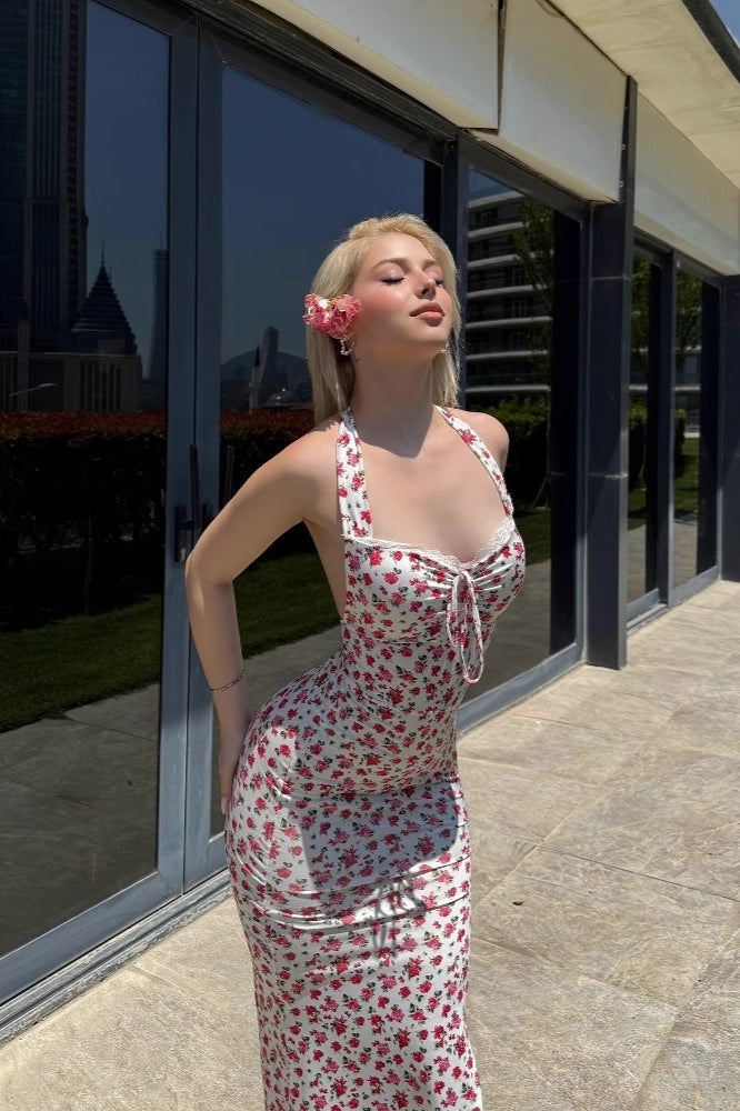 Floral Tie-Back Backless Fitted Split Maxi Dress