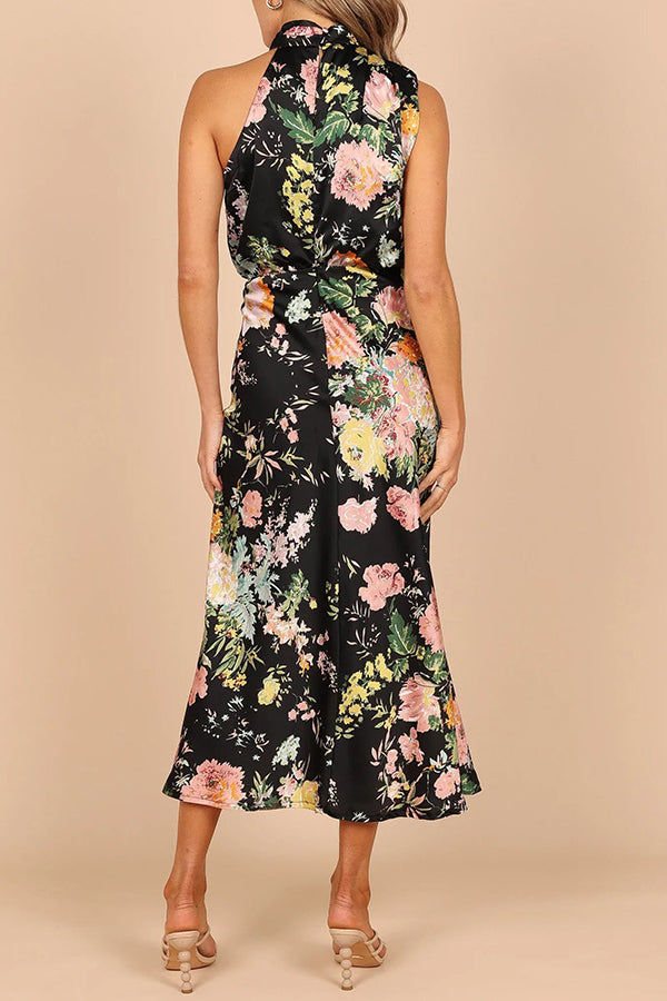 Wine Country Dates Floral Halter Neck Elastic Waist Satin Maxi Dress - Fashionpara