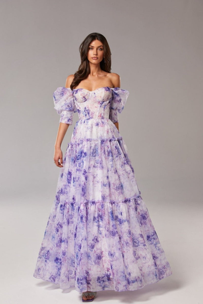 Floral Off Shoulder Puff Sleeve Sweetheart Tiered Maxi Dress - View 6
