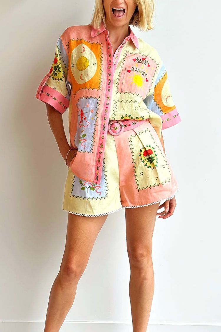 Lily Song Linen Blend Unique Print Short Sleeve Shirt and Belted Pocket Shorts Set - Fashionpara