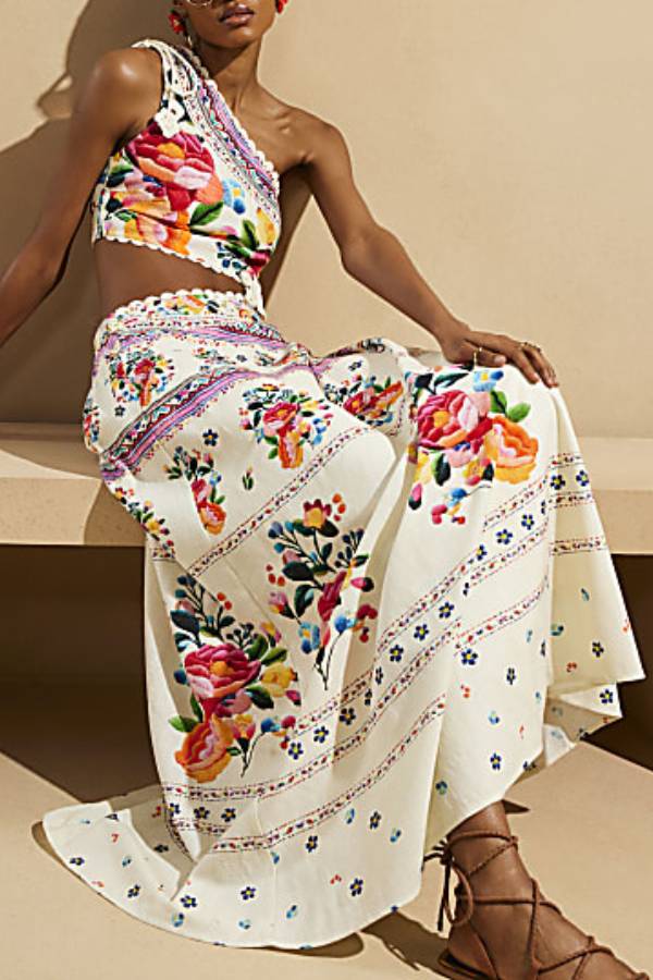 Sun Kissed Printed Crochet Flowers Trim One Shoulder Cut Out Maxi Dress - Fashionpara