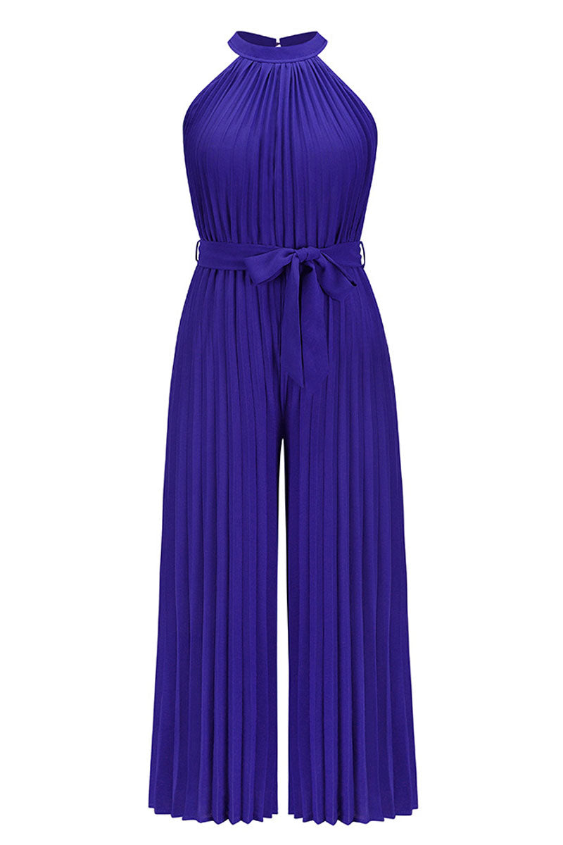 Accordion-pleated Belted Grecian Neck Sleeveless Jumpsuit - Fashionpara