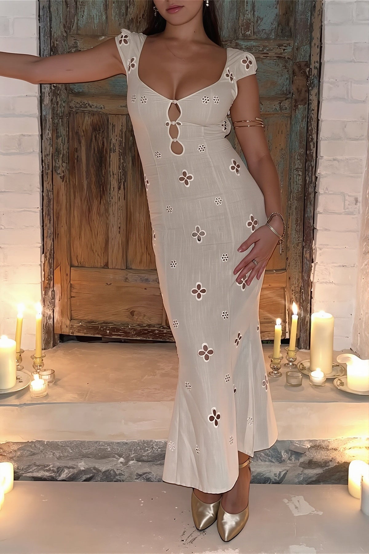 Eyelet Sweetheart Cap Sleeve Cut Out Fishtail Maxi Dress