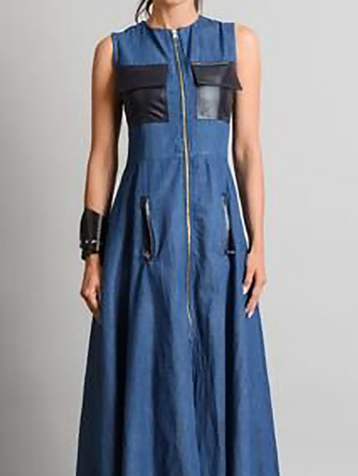 Denim Sleeveless Zip Front Flap Pocket Contrast Trim A-Line Maxi Dress
