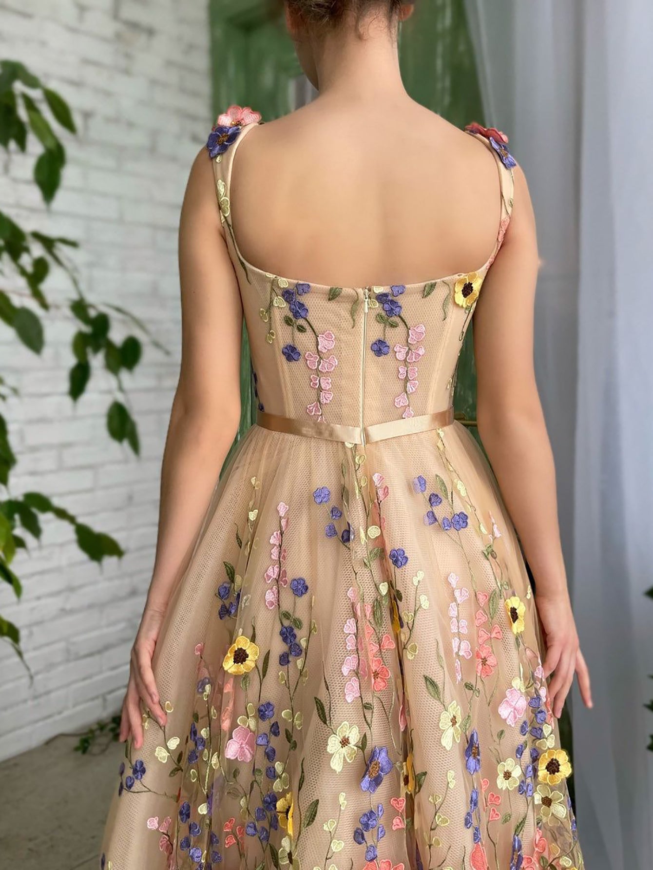 Beige Sweetheart A Line Embroidery Long Prom Dress With 3D Flowers - Fashionpara