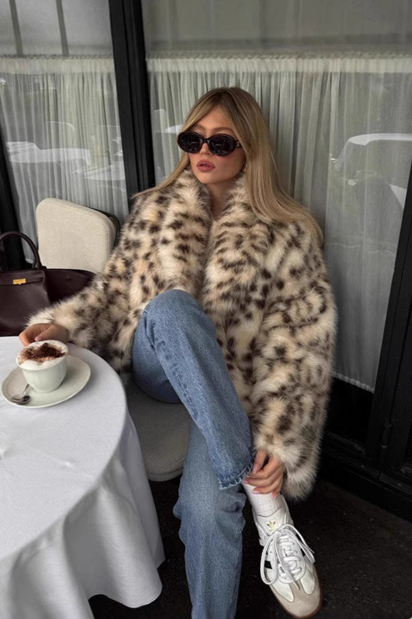 Faux Fur Leopard Pattern Coat - Fashionpara