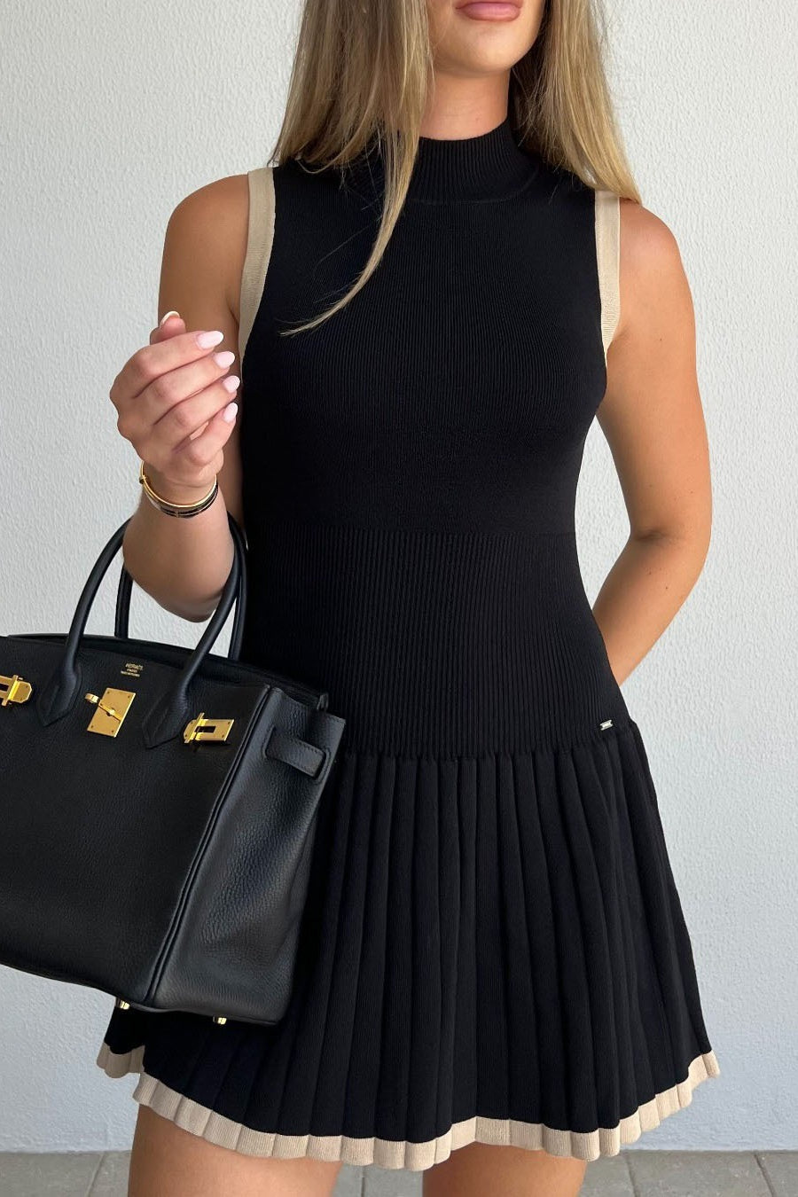 Ruched High-Neck Sleeveless Mini Sweater Dress