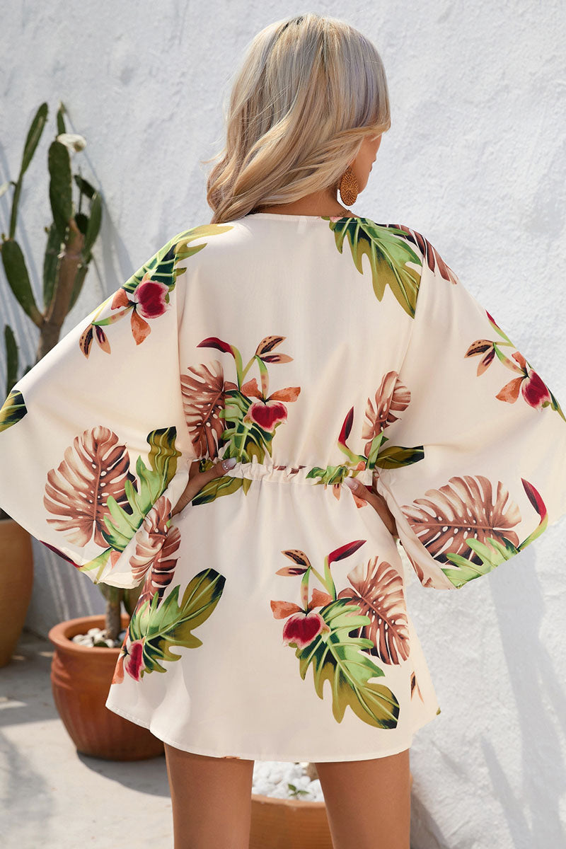 Lace-up Plants Print Yellow One-piece Romper