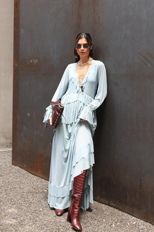 Ruffle Trim V-Neck Long Sleeve Chiffon Maxi Dress