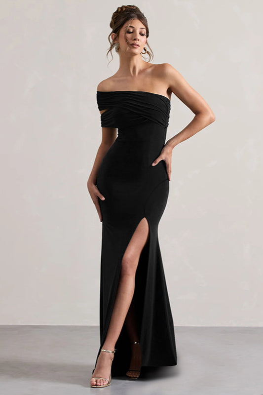 Off Shoulder Draped Bardot Split Maxi Dress 10