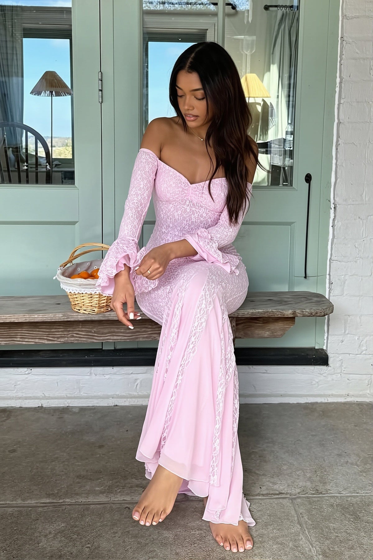 Lace Off Shoulder Long Sleeve Fishtail Maxi Dress