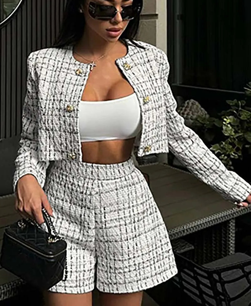 White Print O-Neck Crop Shirt Office Two Piece Set