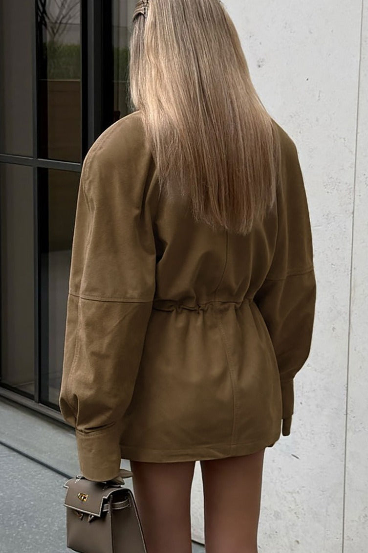 High Neck Cinched Waist Suede Jacket