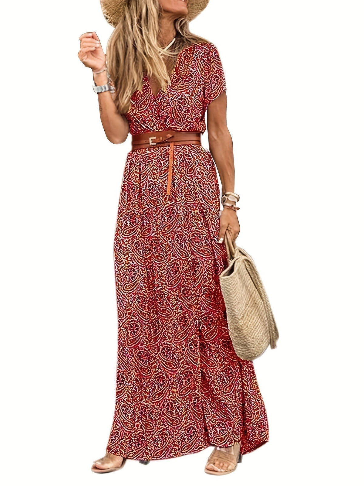 Paisley V-Neck Short Sleeve Belted Maxi Dress